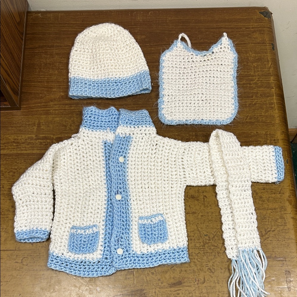 Handmade Crochet Baby Set in White and Blue